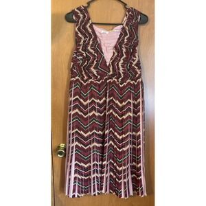 Leon Max Limited Edition Chevron Pleated Midi Dress Burgundy Pink Green Size 10